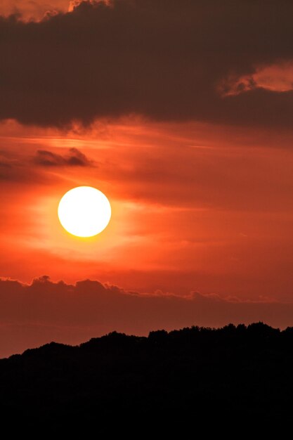 Foto silhueta del bosque contra el cielo naranja durante la puesta de sol