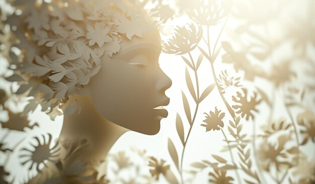 Silhueta branca de uma menina em perfil com uma imagem de flores em um fundo claro