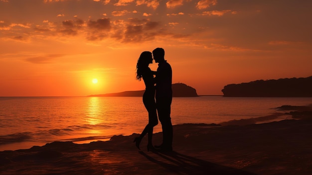 silhueta casal feliz na praia ao pôr do sol
