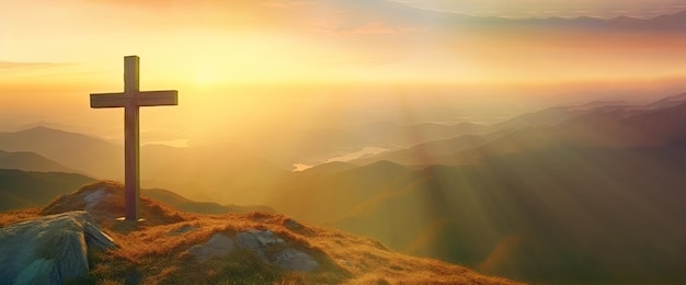 Silhueta cruzada no topo de uma montanha com fundo por do sol IA generativa