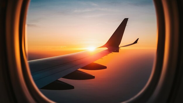 Silhueta da asa de um avião ao nascer do sol vista através da janela