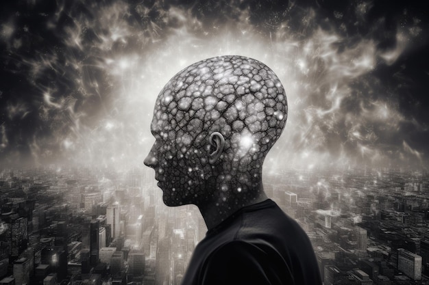 Silhueta da cabeça do homem com conexões neurais no cérebro Generative AI