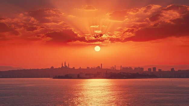 Silhueta da cidade de Istambul no horizonte durante um pôr do sol laranja sobre o mar