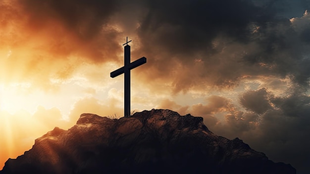Silhueta da cruz na colina contra o céu emblema do cristianismo