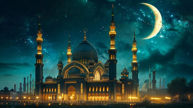 Silhueta da Mesquita Islam Ramadã no céu noturno com lua crescente e estrela