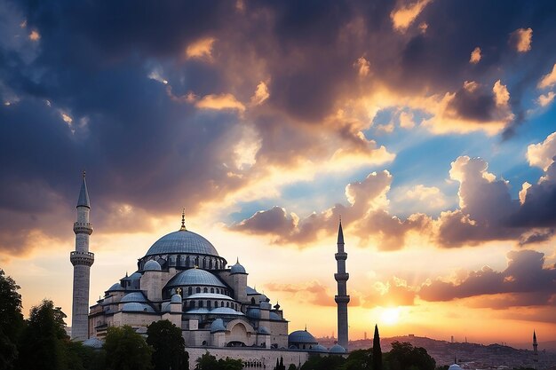 Silhueta da Mesquita Suleymaniye ao pôr-do-sol com nuvens dramáticas Ramadan ou foto de conceito islâmico