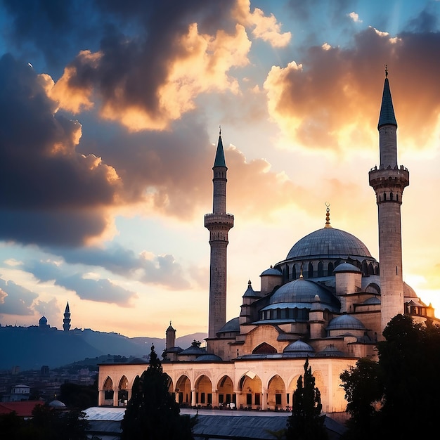 Silhueta da Mesquita Suleymaniye ao pôr-do-sol com nuvens dramáticas Ramadan ou foto de conceito islâmico