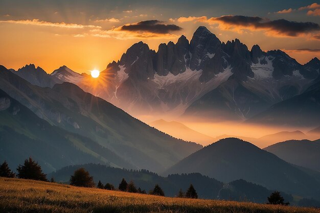 Foto silhueta da montanha e impressionante luz do sol ao anoitecer nos alpes italianos