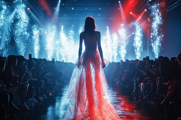 silhueta da parte de trás de uma modelo feminina em um vestido brilhante transparente caminha pela pista no fashion show Womens Fashion Week