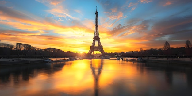 Silhueta da Torre Eiffel lindamente enquadrada pelo colorido pôr do sol parisiense Conceito Fotografia de Viagem Torre Eiffel Pôr do sol da cidade vibrações parisienses Retratos de silhueta