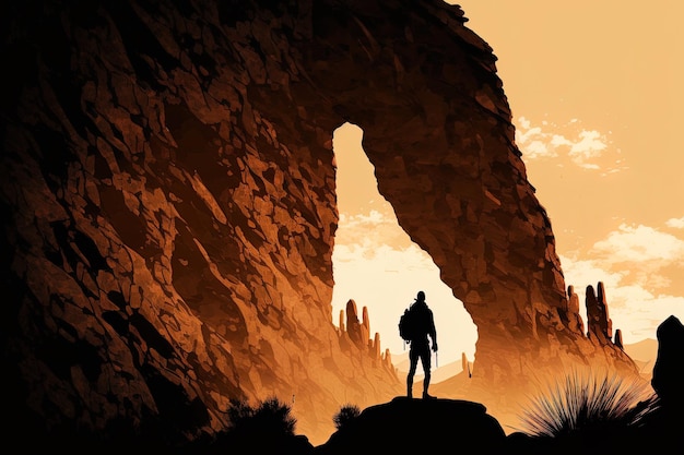 Silhueta de alpinista no deserto em uma enorme formação rochosa