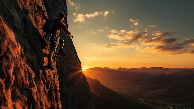 Foto silhueta de alpinista solo ao pôr do sol equipamento colorido adiciona serenidade à atmosfera de escalada