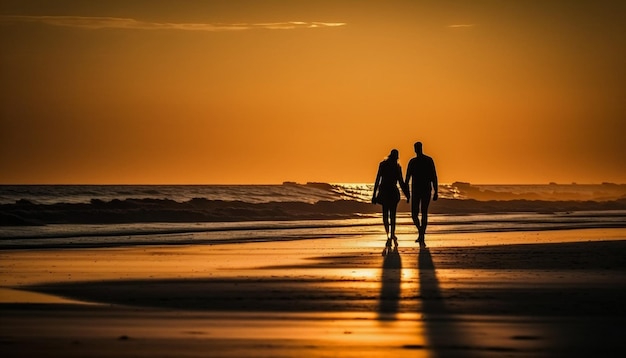 Silhueta de amantes passeando na praia durante o pôr do sol