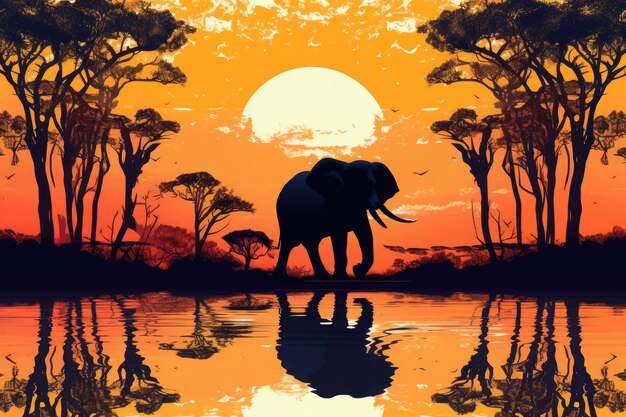 Silhueta de animais africanos Elefante ao pôr do sol perto de árvores Generative AI