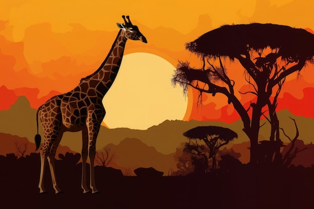 Silhueta de animais africanos Girafa ao pôr do sol perto de árvores Generative AI