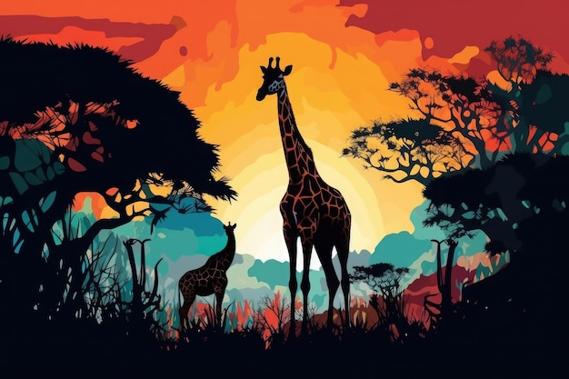 Silhueta de animais africanos Girafa ao pôr do sol perto de árvores Generative AI