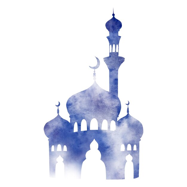Silhueta de aquarela de mesquita islâmica e minarete com ilustração de lua crescente isolada em branco