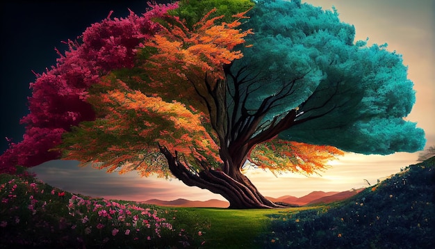 Silhueta de árvore contra imagem pintada do céu do sol multicolorida gerada por IA