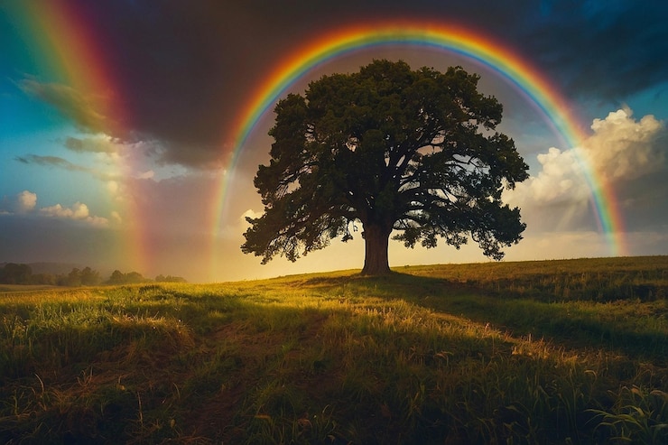 Foto silhueta de árvore em um campo com um arco-íris