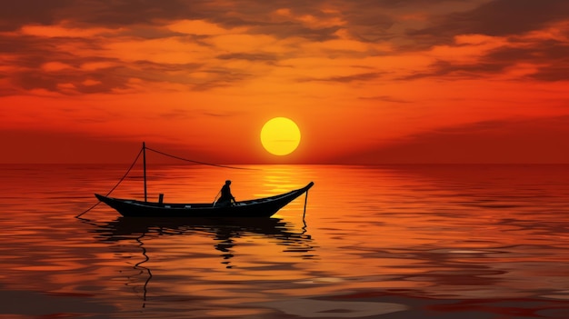 Silhueta de barco contra um pôr do sol ardente no mar