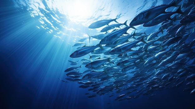 Silhueta de barracuda com raios de luz no Oceano Índico, mar de Andaman, Tailândia