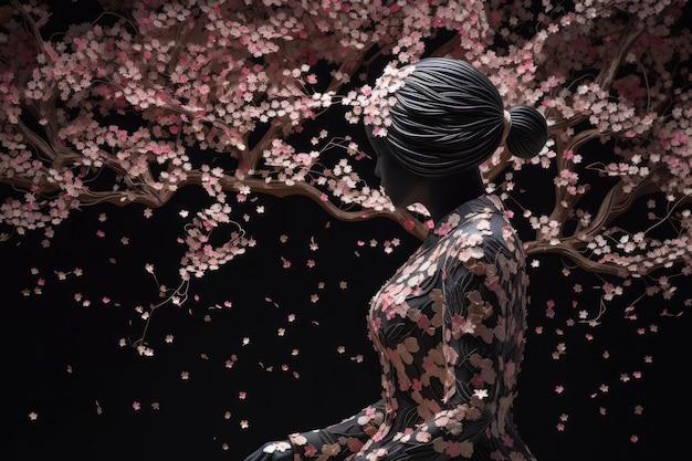 Silhueta de beleza de uma garota em flores de sakura generative ai