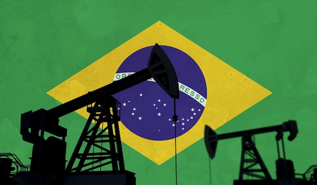 Silhueta de bomba de óleo de fundo da indústria de petróleo e gás contra uma renderização de bandeira do brasil d