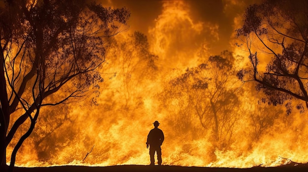 Silhueta de bombeiro combatendo incêndios florestais à noite homem contra o fogo
