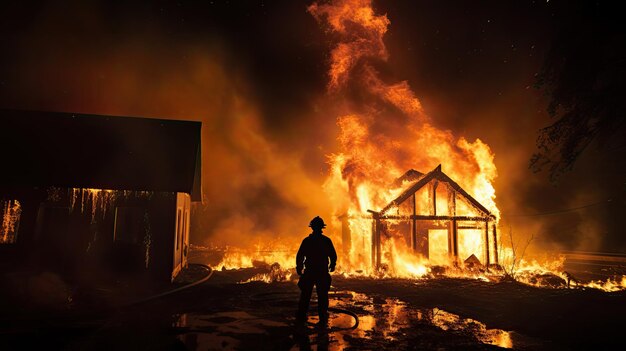 Silhueta de bombeiro em frente a casa em chamas