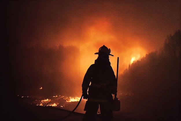 Silhueta de bombeiro na chuva com fogo e fumaça na cena épica do retrato de fundo