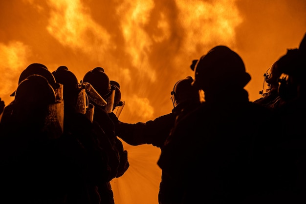 Silhueta de bombeiros pulverizando água sobre o fogo
