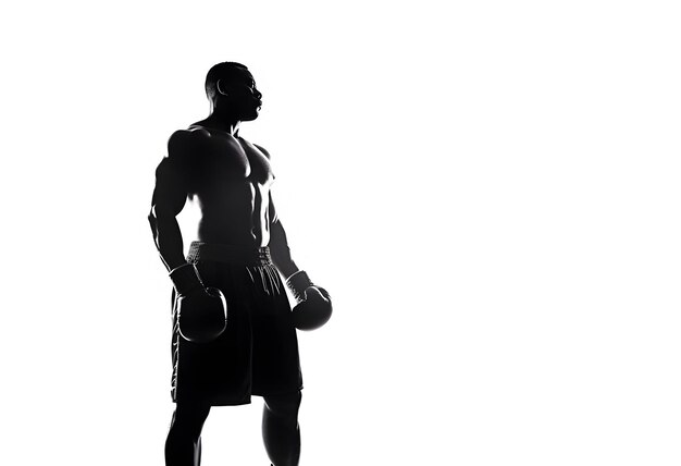 Foto silhueta de boxeador afro-americano em um fundo branco em luvas de boxe mãos para baixo, ele olha para a distância copiar espaço