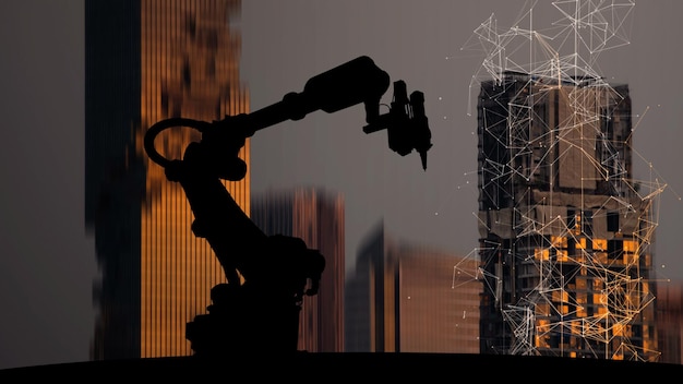 Silhueta de braços de robô de automação moderna com conceito de rede de tecnologia assistente Ai e fundo de construção de cidade metrópole