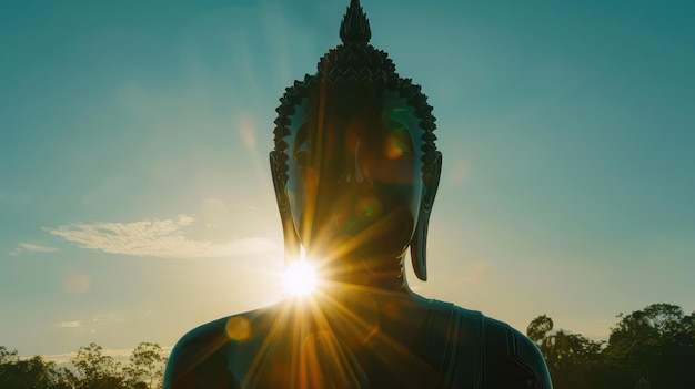 Silhueta de Buda e templo com o sol brilhando por trás