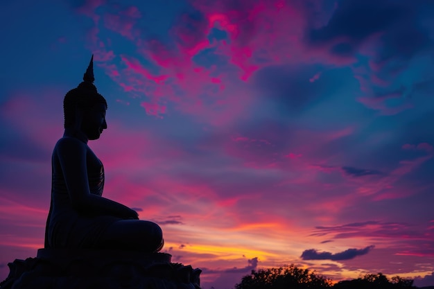 Silhueta de Buda no crepúsculo tranquilo contra o céu