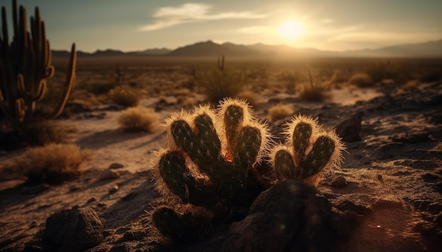 Silhueta de cacto saguaro afiado contra o céu panorâmico do pôr do sol gerado por IA