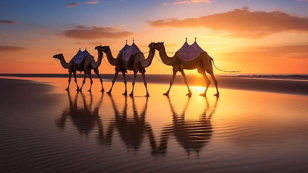 Silhueta de camelos ao pôr do sol na praia