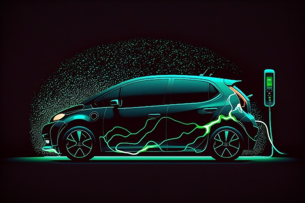 Silhueta de carro elétrico de vista frontal com verde brilhando em fundo escuro