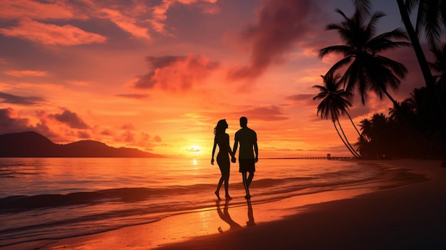 Silhueta de casal romântico no trópico de praia do sol