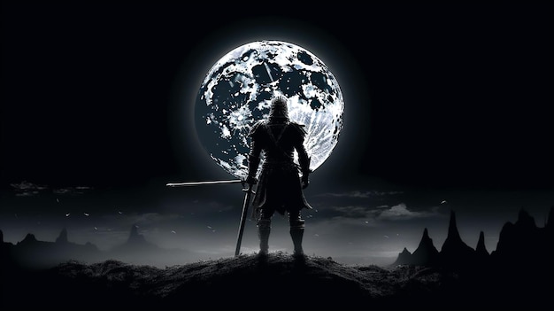 Silhueta de cavaleiro medieval em armadura com espada contra fundo noturno generative ai