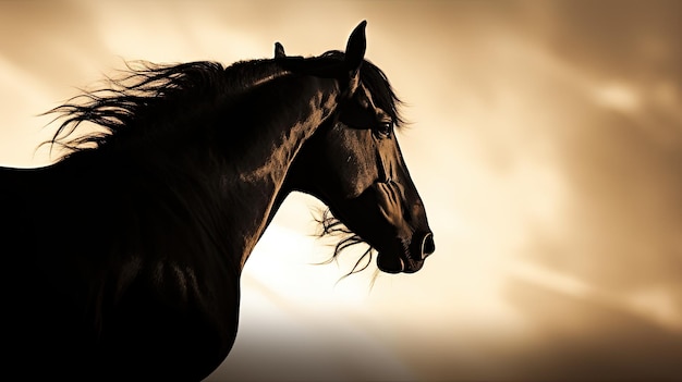 Silhueta de cavalo árabe contra o nascer do sol em preto e branco