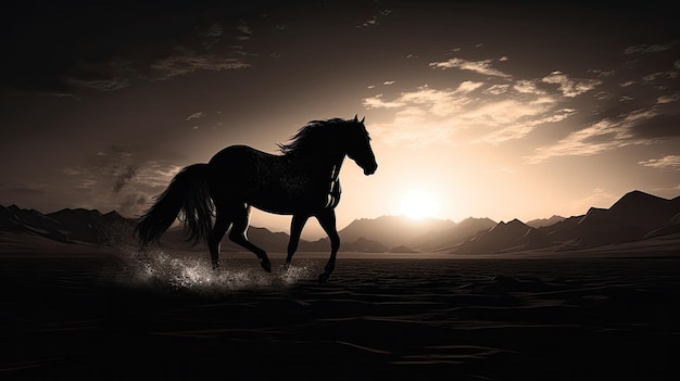 Silhueta de cavalo árabe contra o nascer do sol em preto e branco