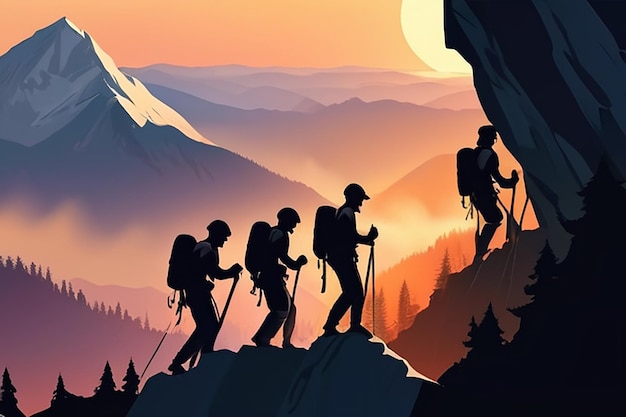 Silhueta de cinco alpinistas que subiram ao topo da montanha trabalhando em equipe