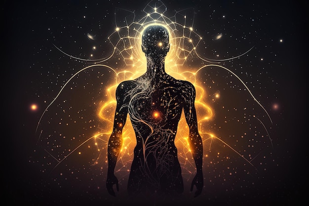 Silhueta de corpo astral com fundo de espaço abstrato Vida espiritual esotérica e conceito de meditação Vida após a morte e conexão com outros mundos Criado com IA generativa