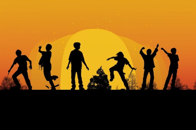Silhueta de crianças felizes meninos e meninas pulando e dançando no céu do pôr-do-sol à noite como fundo de felicidade bem-sucedida e conceito descuidado Espaço de cópia livre para texto e banner IA geradora