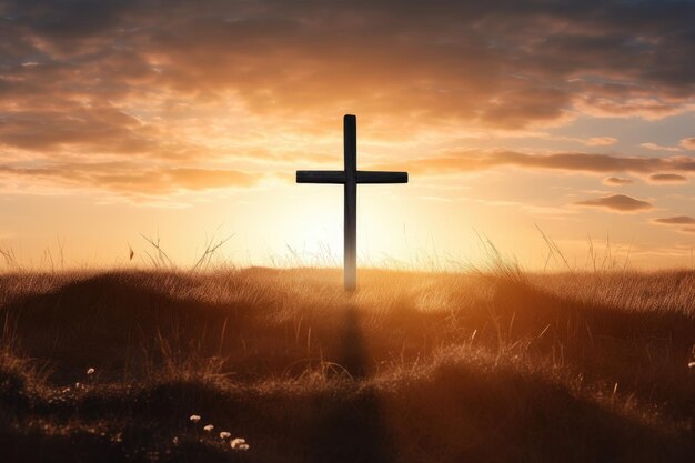 Foto silhueta de cruz cristã na grama no fundo do nascer do sol