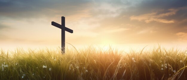 Silhueta de cruz cristã na grama no fundo do nascer do sol.