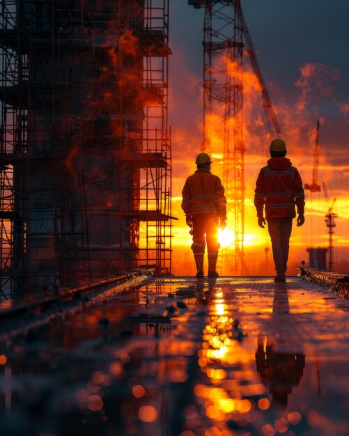 Silhueta de dois trabalhadores no canteiro de obras