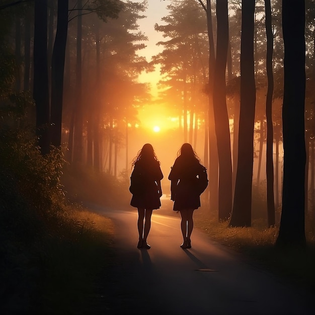 silhueta de duas meninas caminhando na floresta ao pôr do sol