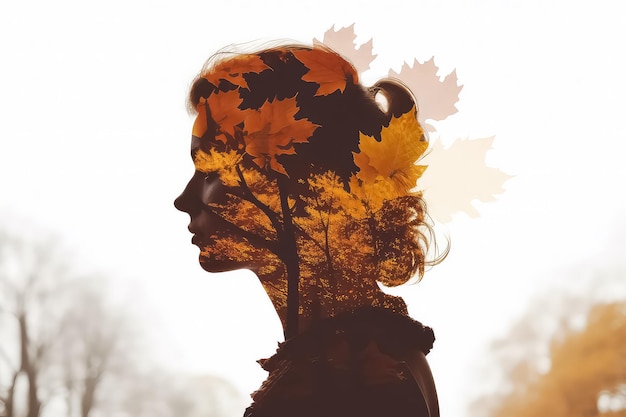 Silhueta de dupla exposição com retrato de contorno de folhagem de outono laranja de mulher confiante AI